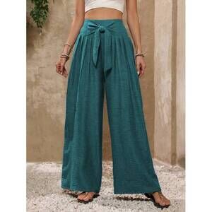EMERY ROSE Women's Solid Color Vacation Knotted Waist Wide Leg Loose Pants